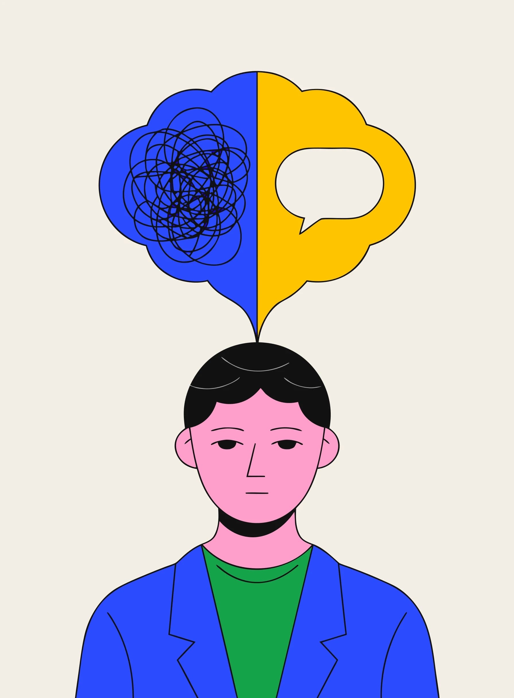 思考の吹き出しが、絡まった記号から澄んだ英語の吹き出しへと切り替わった人物のイラスト