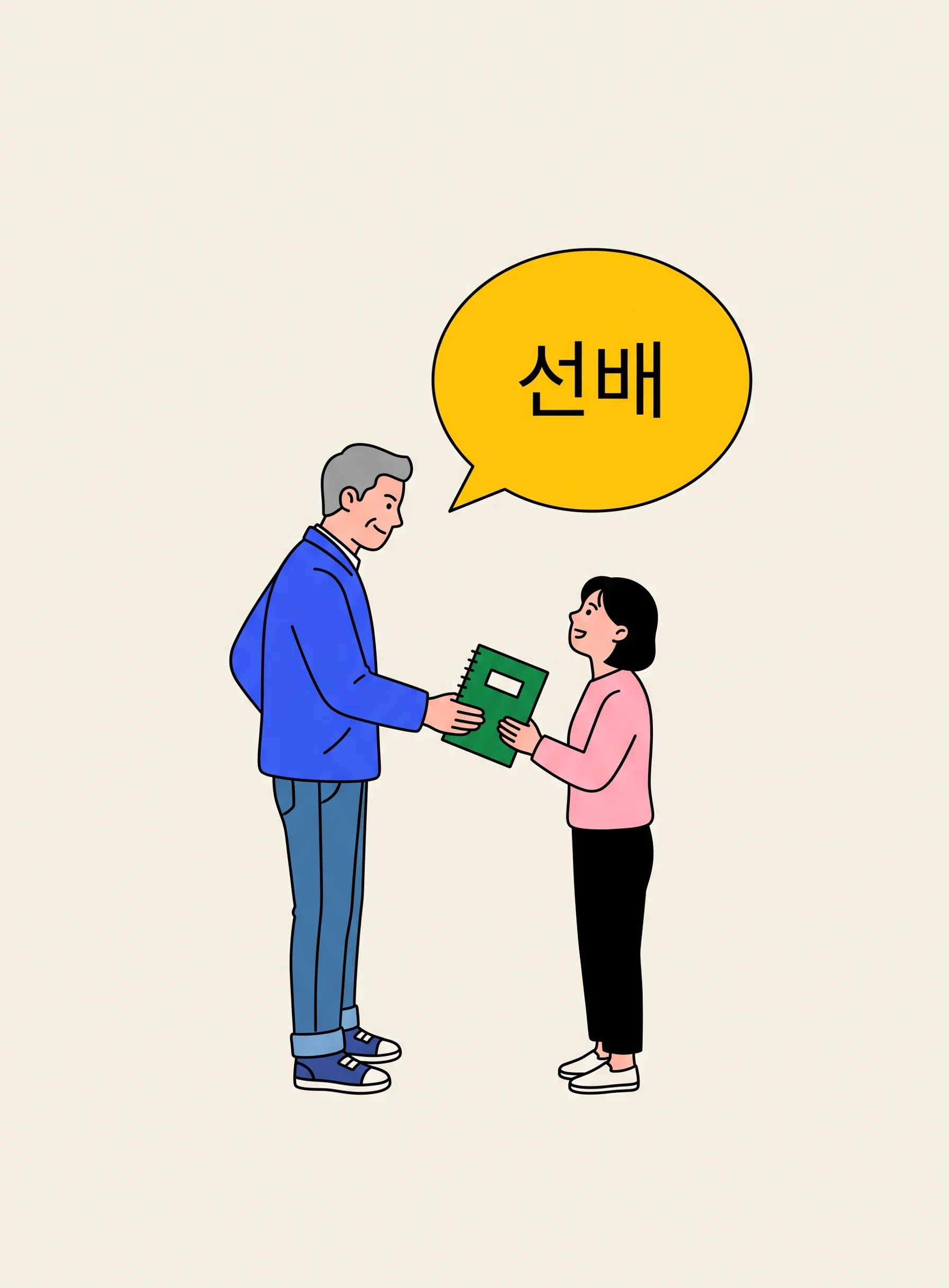 선배로 보이는 학생이 후배에게 노트를 건네주는 일러스트. 위에 선배라고 적힌 노란 말풍선이 떠 있다