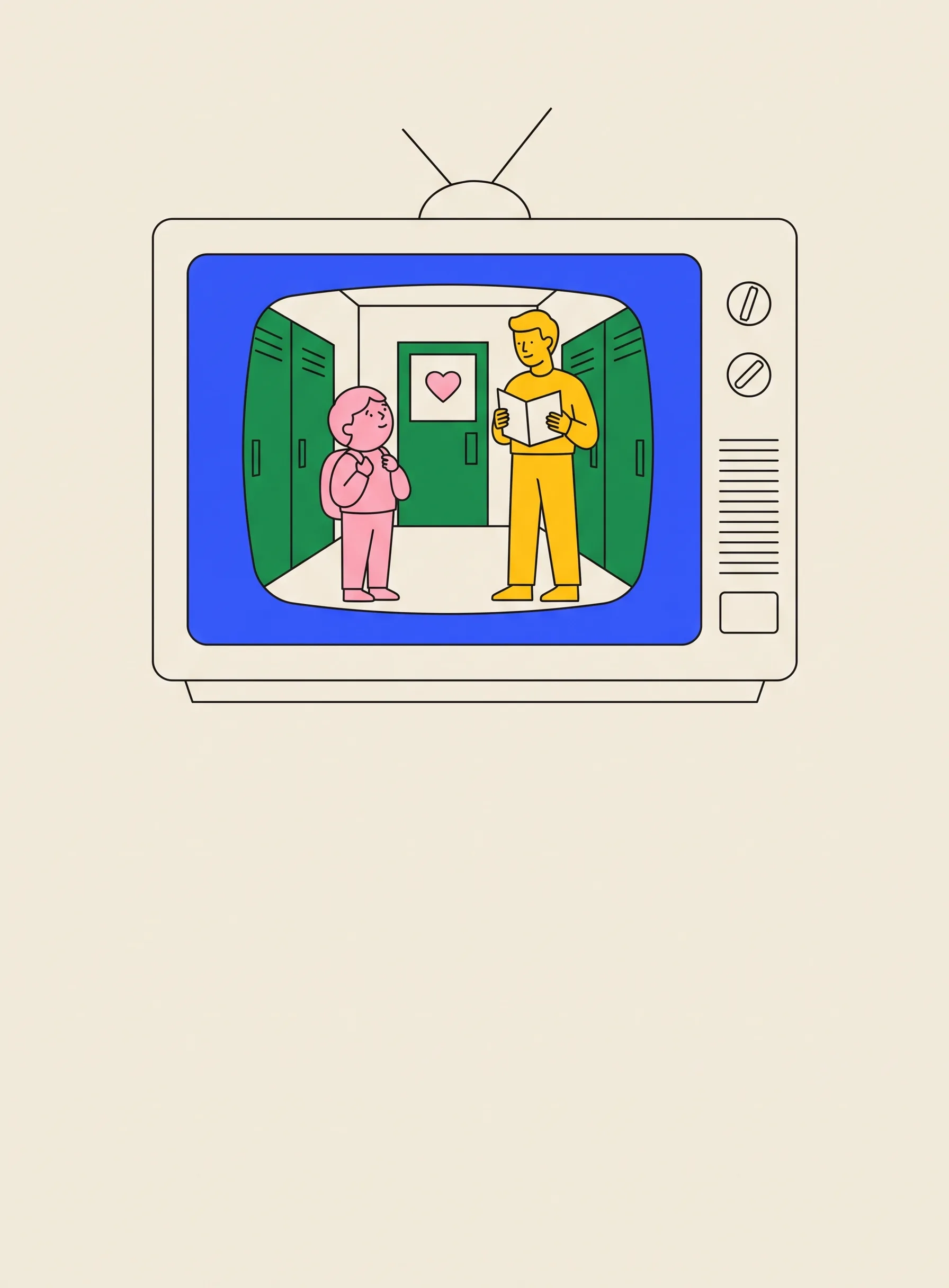 텔레비전 화면 속에서 후배로 보이는 학생이 책을 든 선배를 올려다보고 있고 둘 사이에 작은 하트가 떠 있는 일러스트