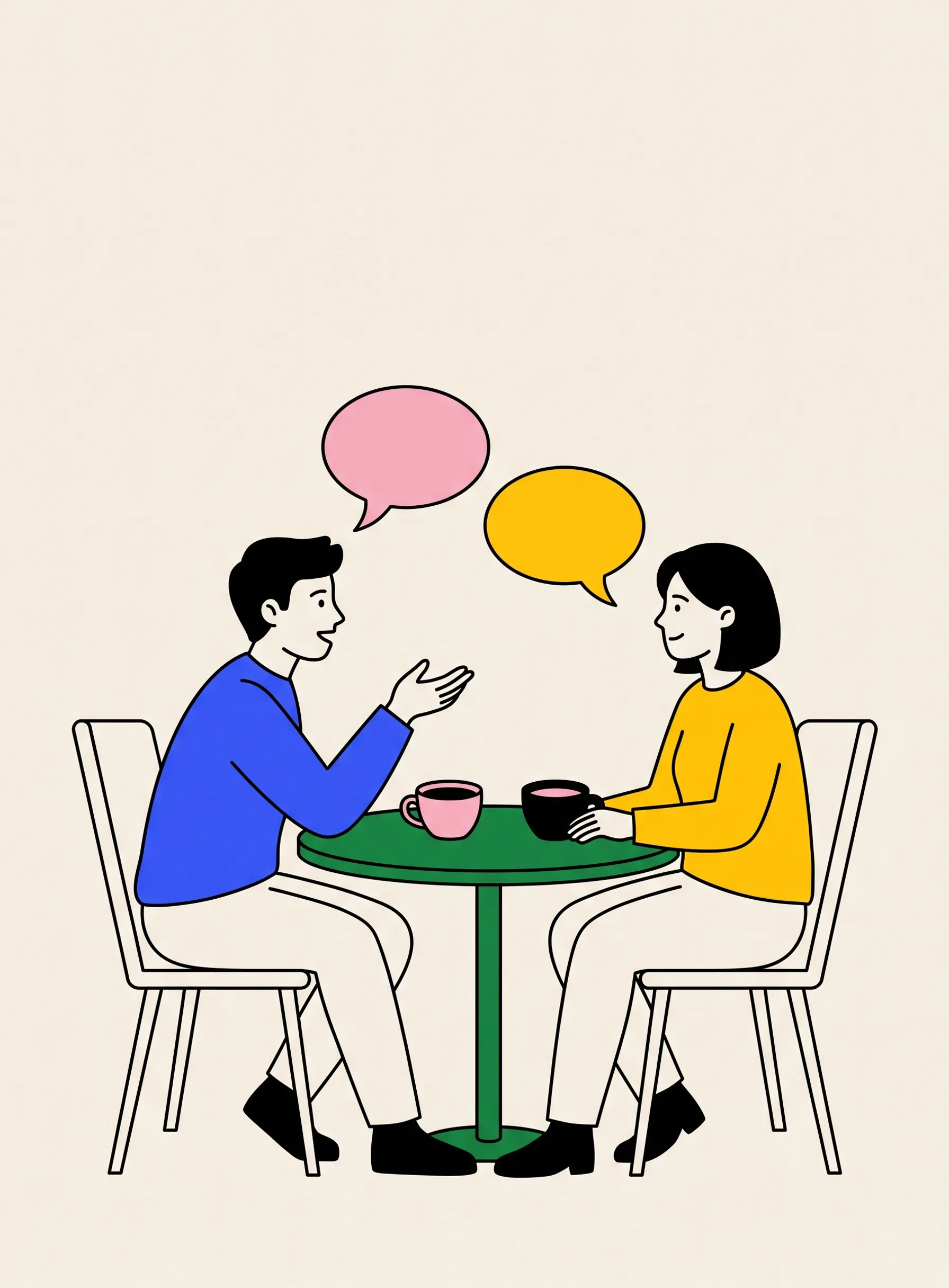 작은 원형 카페 테이블에 마주 앉아 커피를 사이에 두고 한 사람은 몸을 앞으로 기울여 말하고 다른 사람은 웃으며 듣고 있는 일러스트