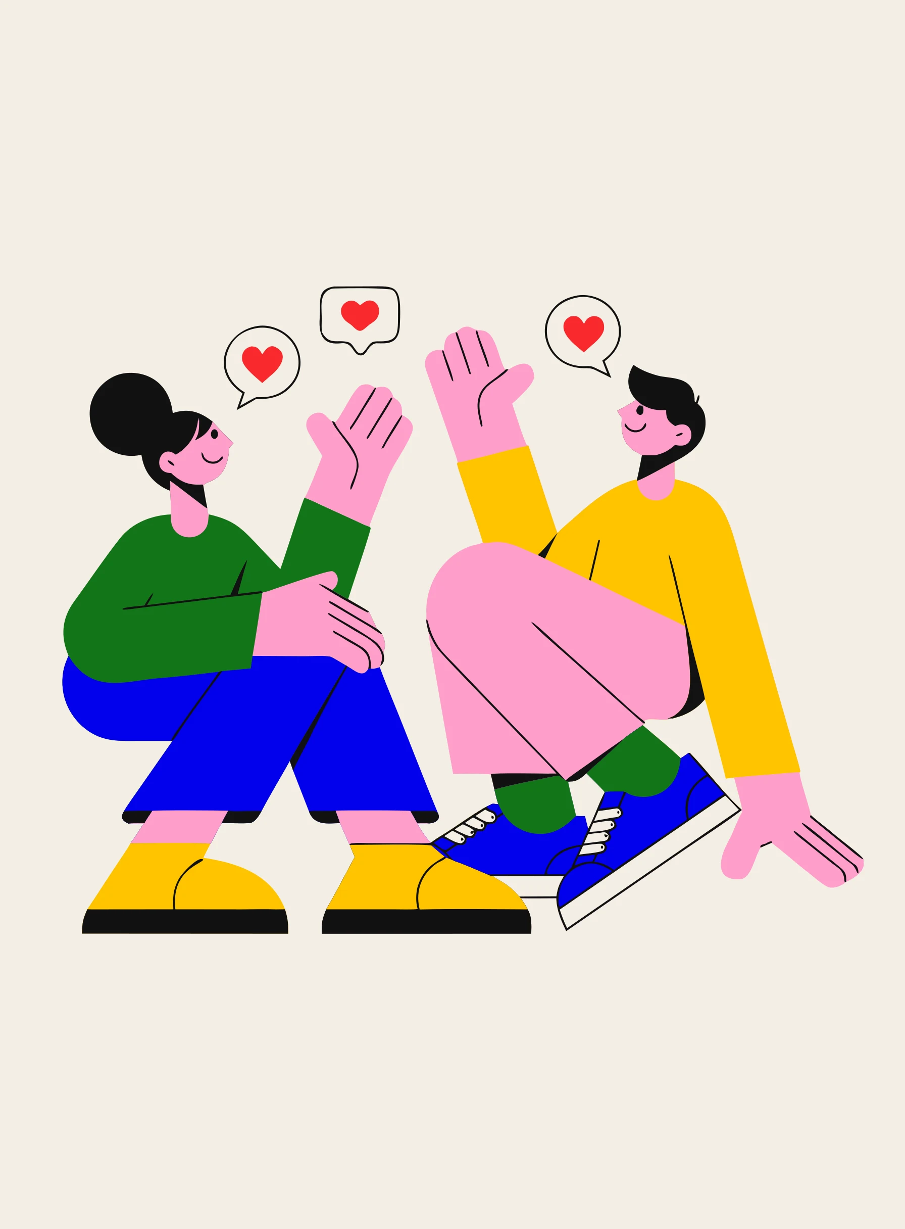 2人の若い友人が気軽に手を振って笑い合い、その間に小さな吹き出しとハートが浮かんでいるイラスト