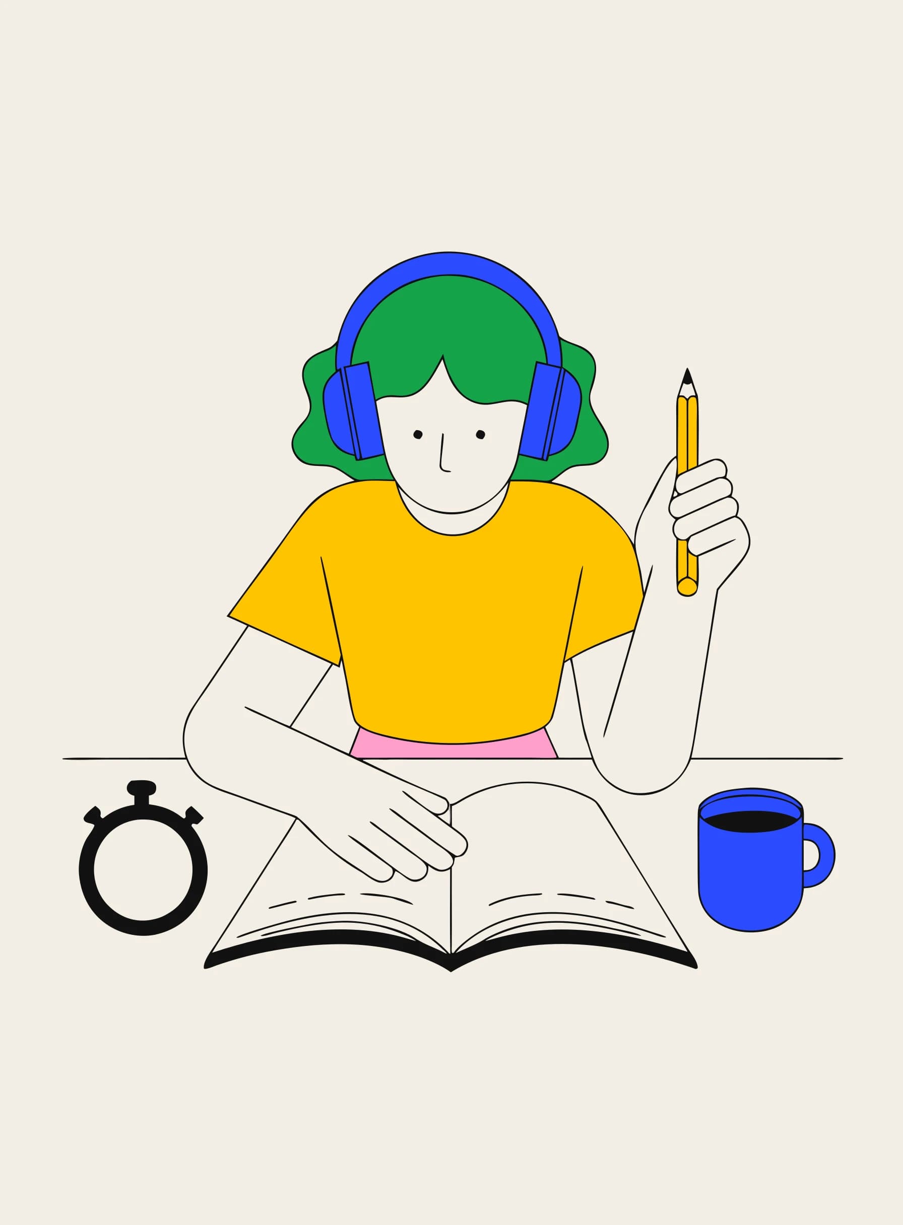 Ilustração de uma pessoa de fones de ouvido numa escrivaninha com um caderno de exercícios aberto, um lápis, um cronômetro e uma caneca