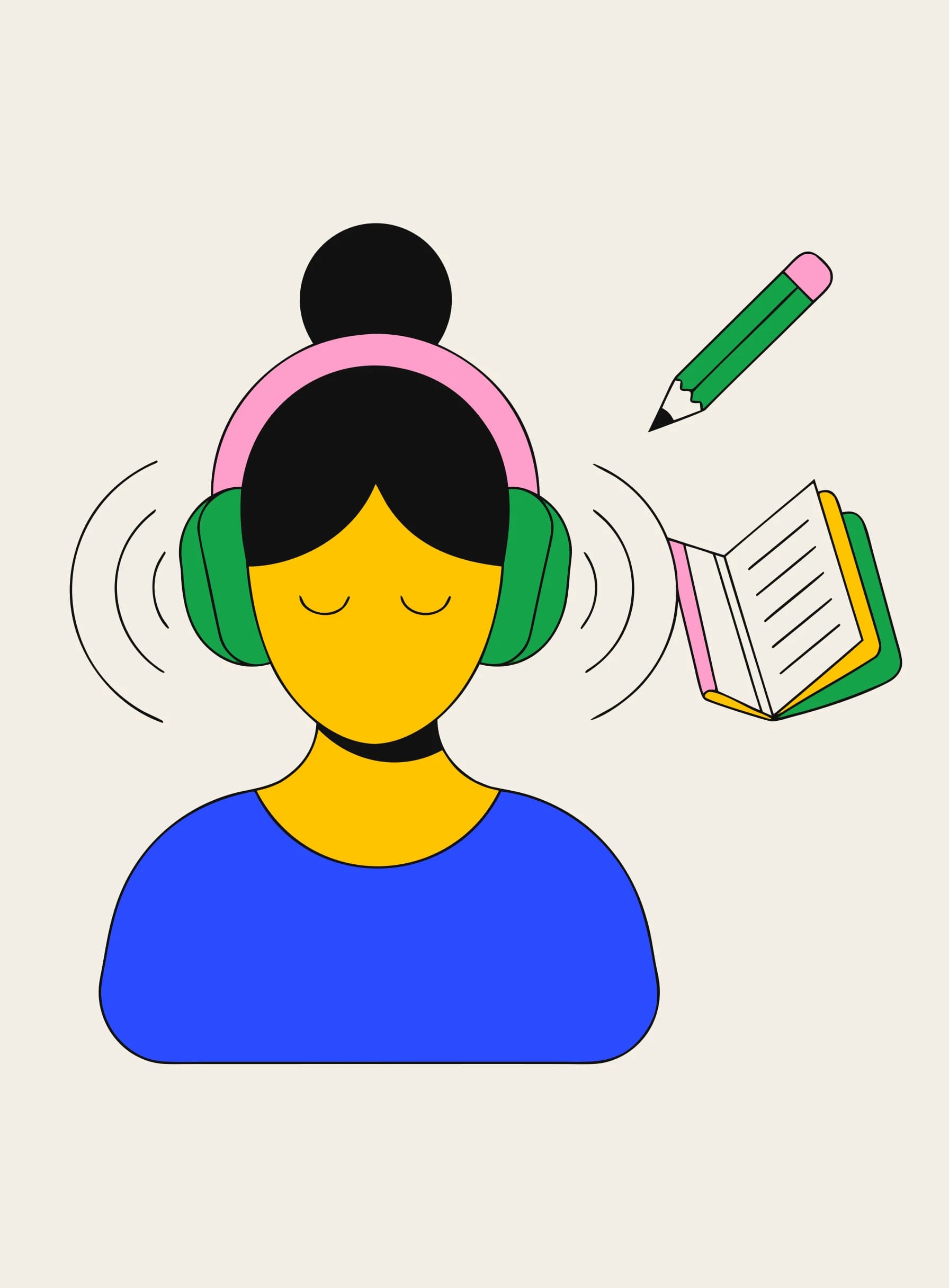 Ilustração de uma pessoa de fones com os olhos fechados, ondas sonoras dos dois lados e um caderno aberto flutuando perto