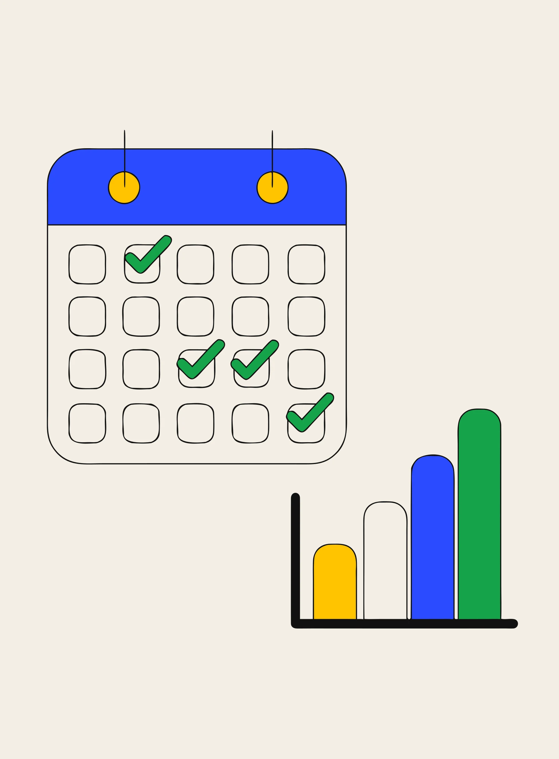 Ilustração de um calendário de parede com marcas verdes ao lado de um gráfico de quatro barras subindo da menor para a maior