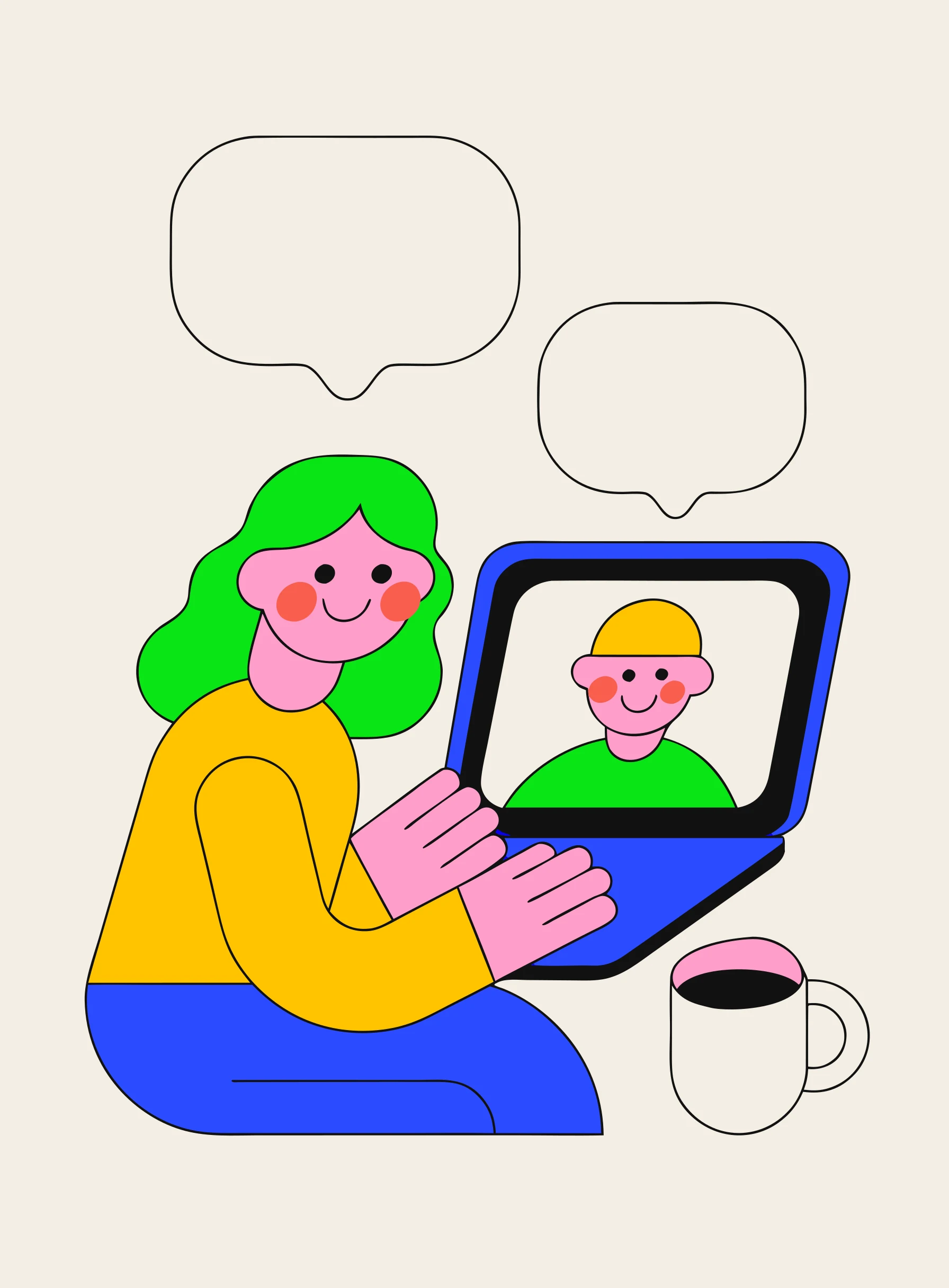 Ilustração de uma pessoa sorridente diante de um notebook conversando com outra pessoa na tela, com dois balões de fala vazios acima