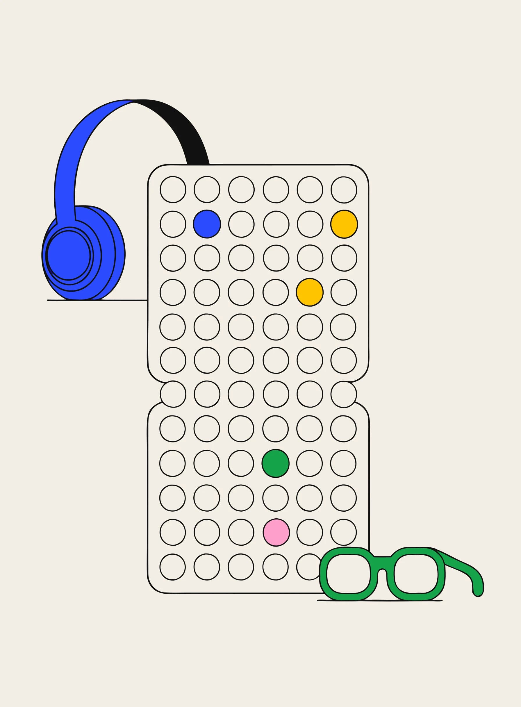 Ilustração de um cartão-resposta com fileiras de círculos dividido em dois blocos, com fones ao lado do bloco de cima e óculos de leitura ao lado do de baixo