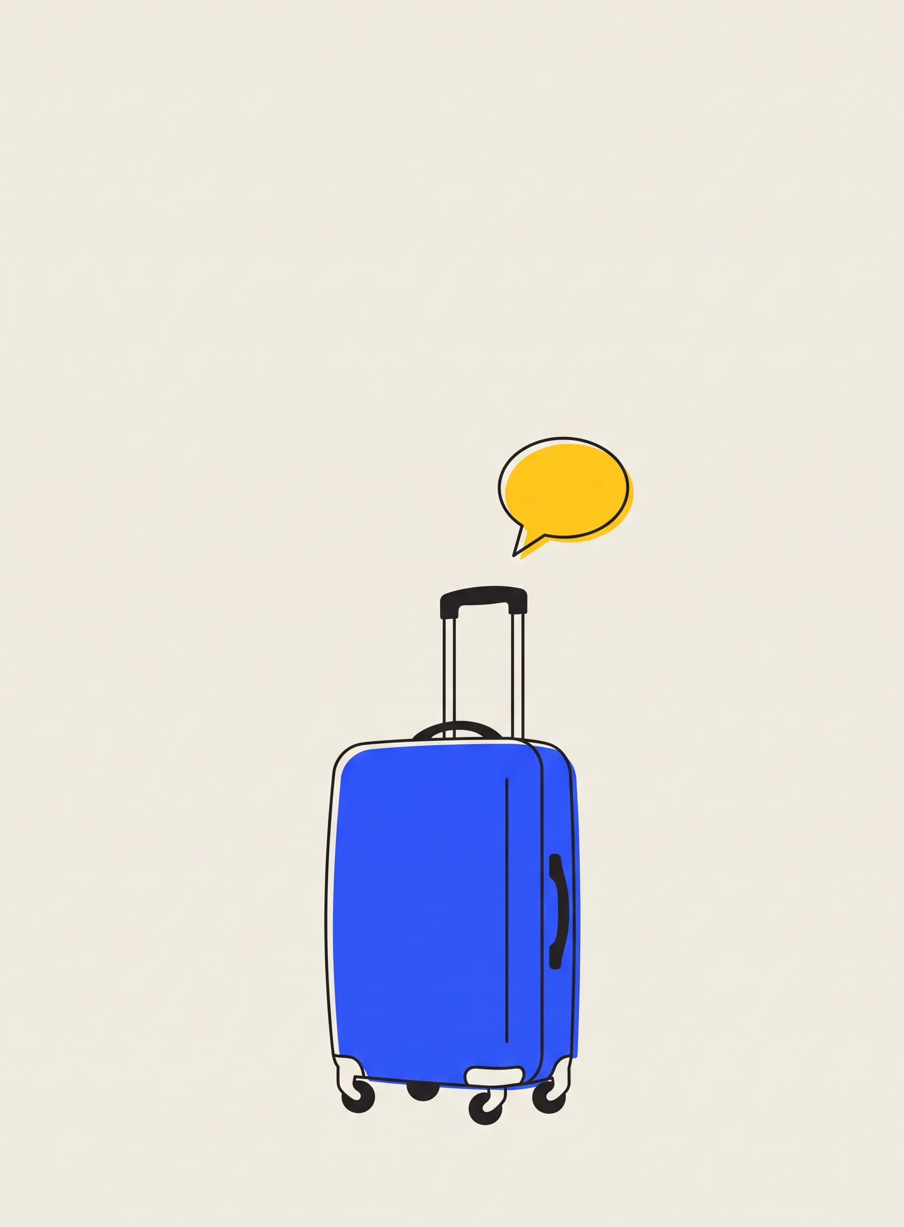 Illustration of a single cobalt blue rolling suitcase in thin black outline with one small yellow speech bubble floating up from its handle