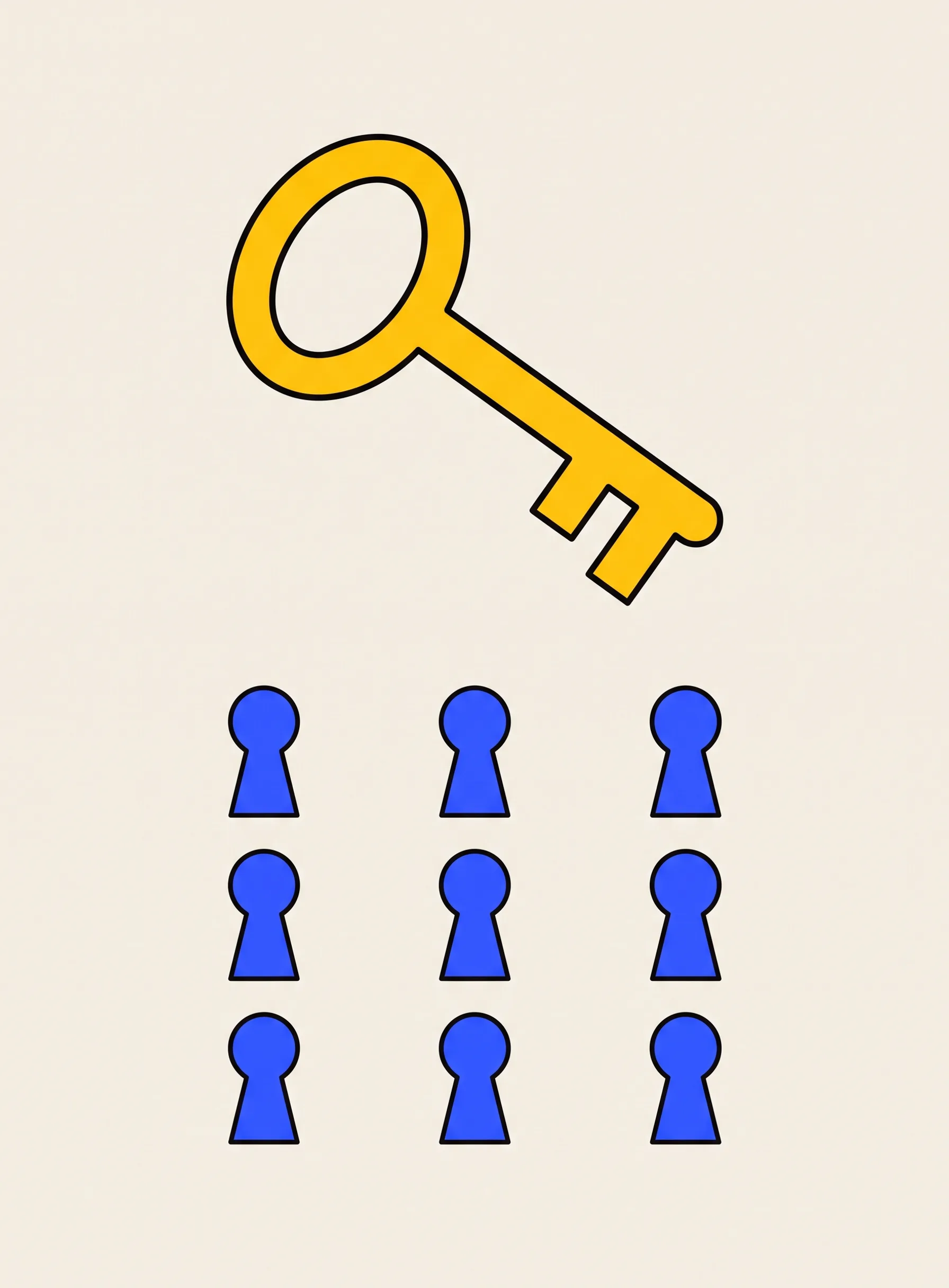 Illustration of one large flat yellow key lying diagonally above a three-by-three grid of nine small cobalt blue keyholes