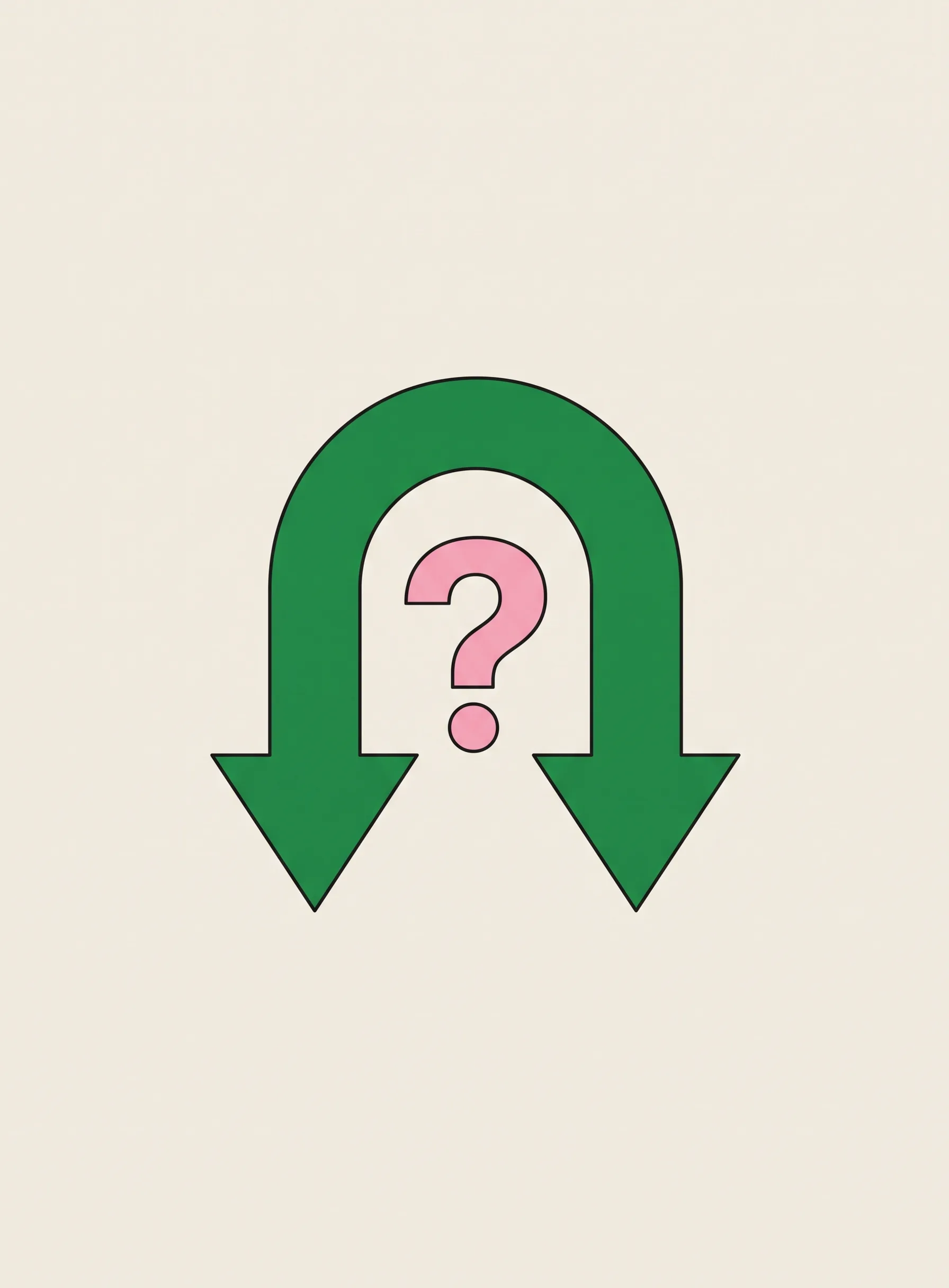 Illustration of a thick green arrow curving into an arch with both ends pointing down and a single soft pink question mark in the space inside it