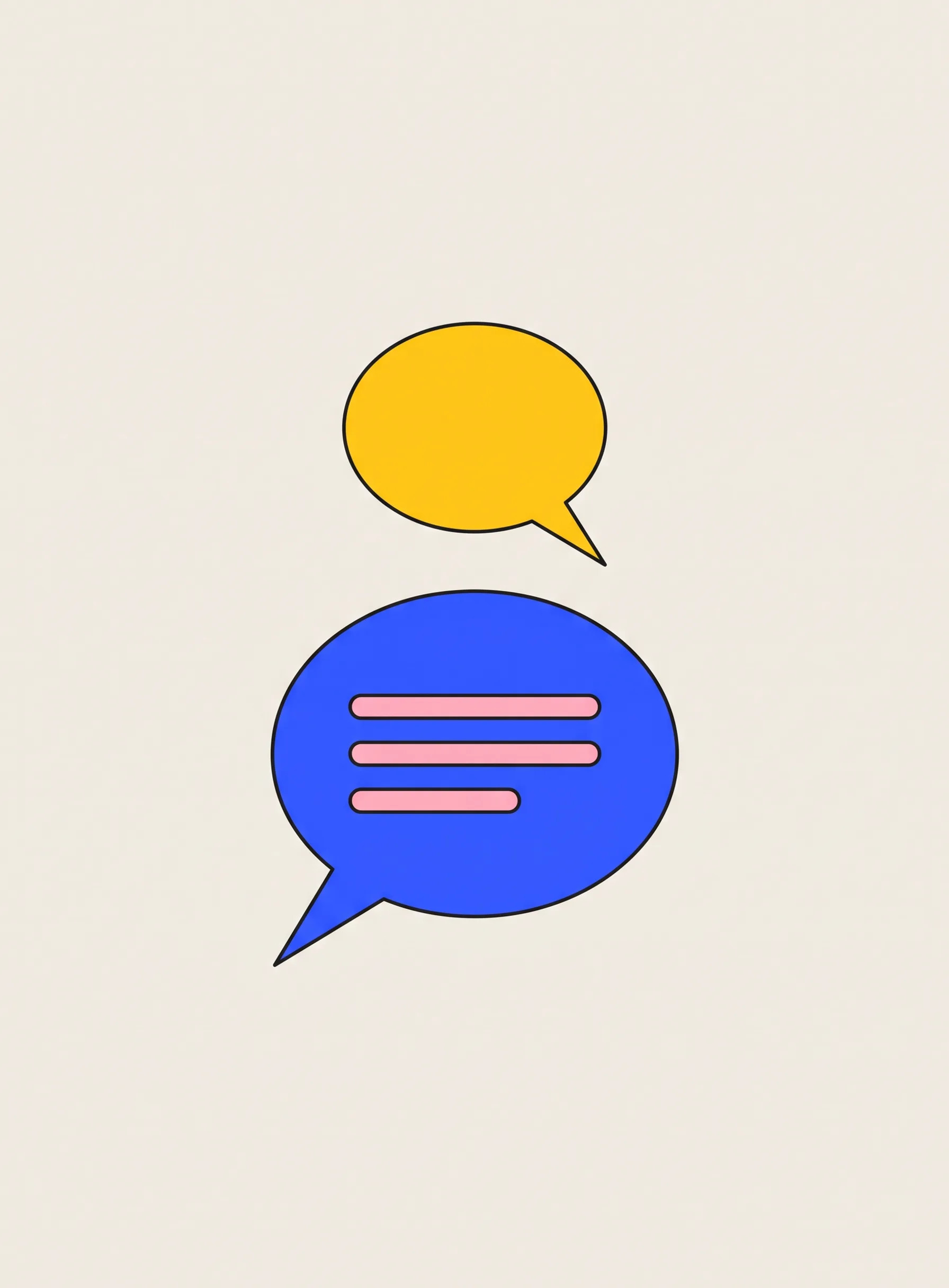 Illustration of a small yellow speech bubble above a cobalt blue speech bubble three times its size holding three short soft pink horizontal bars