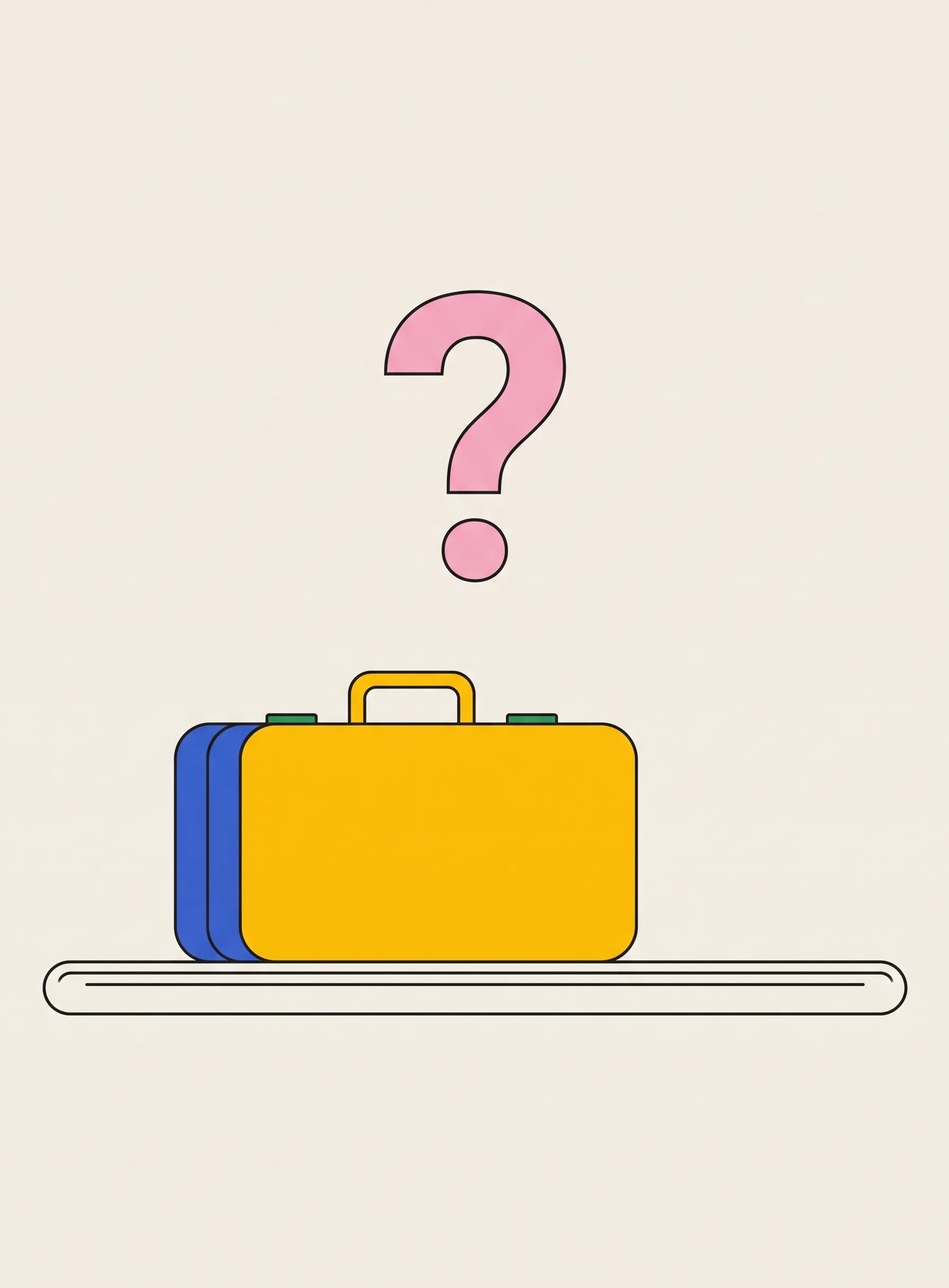 Illustration of a yellow suitcase with a cobalt blue one behind it sitting on a thin black outlined baggage belt, with a large soft pink question mark floating above
