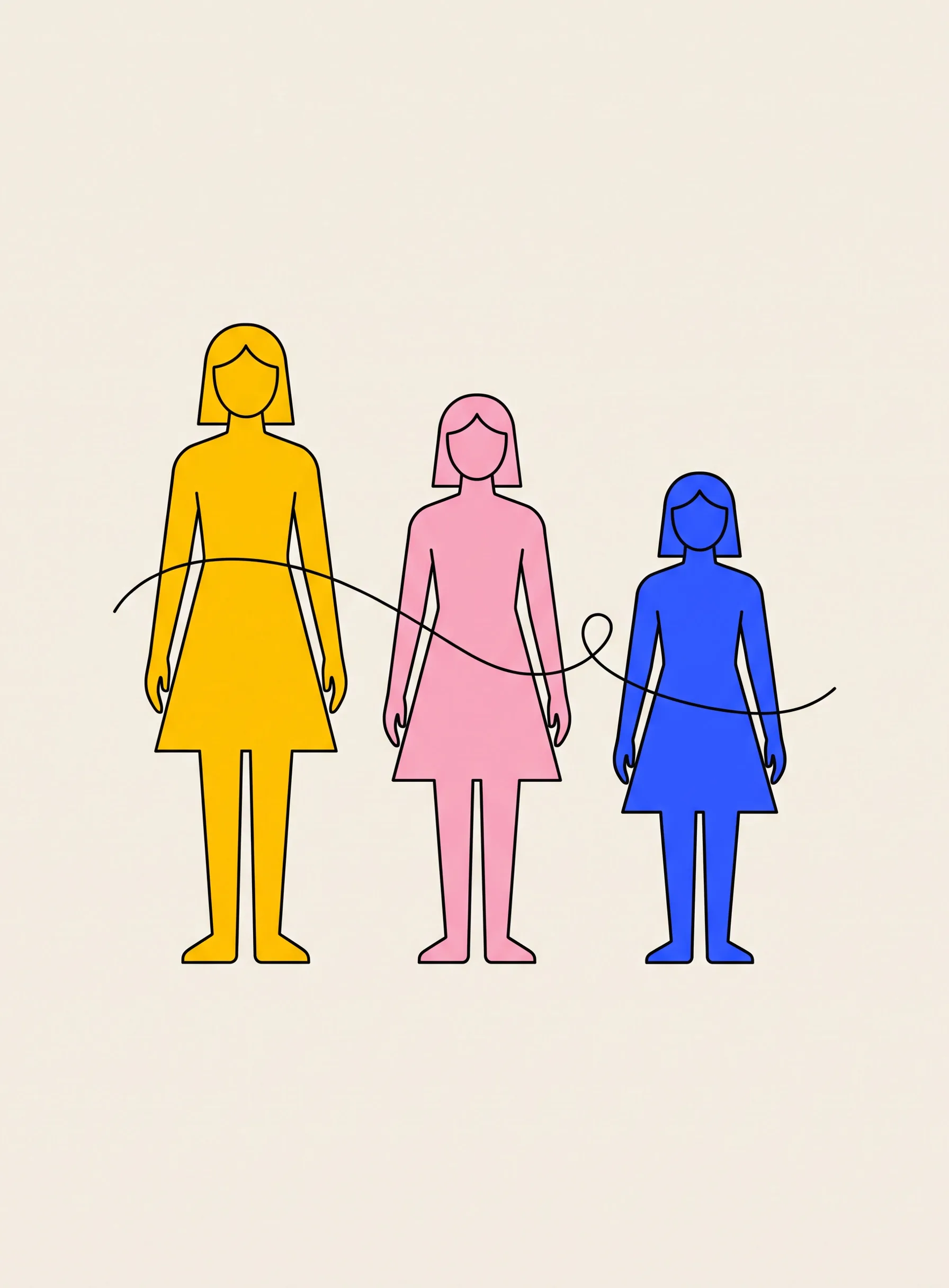 키가 큰 순서대로 선 세 여성이 각각 노란색, 분홍색, 파란색 옷을 입고 있고 뒤로 가는 검은 선 하나가 세 사람을 잇고 있는 일러스트
