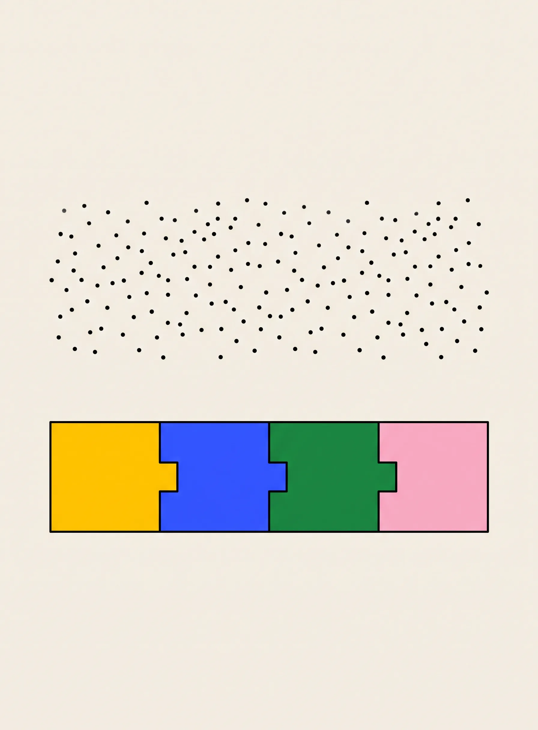 Illustration of many tiny scattered black dots floating in the upper cream space, with four chunky interlocking blocks in yellow, cobalt blue, green and pink fitted together into a single horizontal bar below them