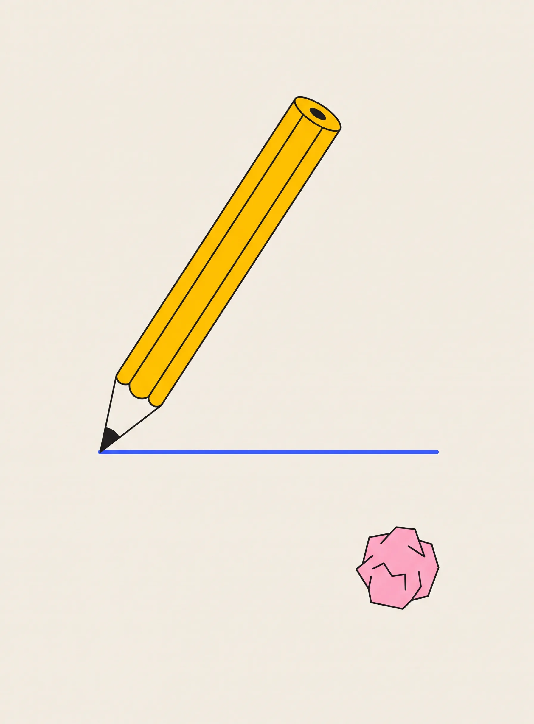 Illustration of a large yellow pencil drawn in thin black outline lying diagonally, having drawn one straight cobalt blue line across the cream space, with a small crumpled pink ball of paper resting near the bottom corner