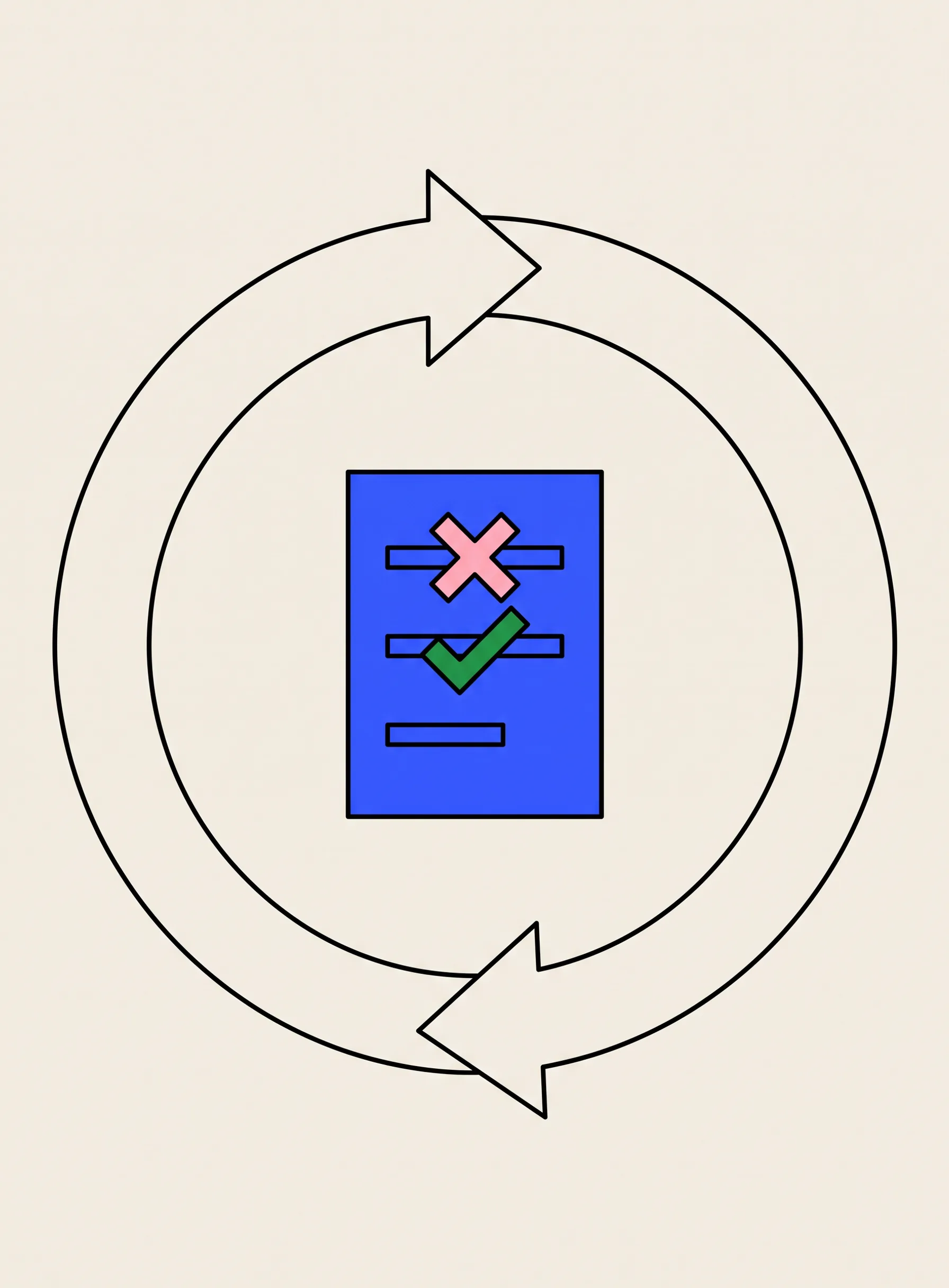 Illustration of a large circular black arrow loop drawn in thin outline, with a small cobalt blue sheet of paper inside it bearing three short lines, one struck through with a pink cross and another marked with a green check